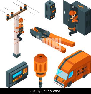 Electrical systems 3d. Electricity box switch electrician safety worker with power tools vector isometric. Electric worker and electricity equipment illustration. Electrical systems 3d. Electricity box switch electrician safety worker with power tools vector isometric Stock Vector
