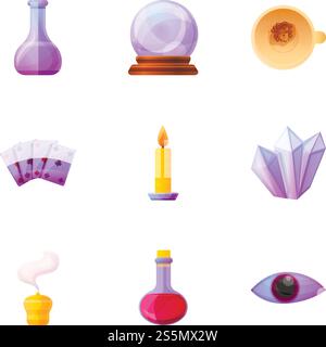 Magic tools icon set. Cartoon set of 9 magic tools vector icons for web design isolated on white background. Magic tools icon set, cartoon style Stock Vector