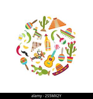 Vector flat Mexico attributes in circle shape illustration. Musician mexican tequila and chili isolated on white. Vector flat Mexico attributes in circle shape illustration Stock Vector