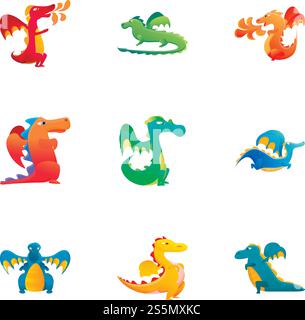 Reptile dragons icon set. Cartoon set of 9 reptile dragons vector icons for web design isolated on white background. Reptile dragons icon set, cartoon style Stock Vector