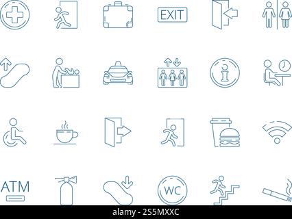 Navigate symbols. Public pictogram of restaurant place elevator washroom restroom toilet wifi vector icon collection. Navigate airport, luggage and swaddle, extinguisher and wc illustration. Navigate symbols. Public pictogram of restaurant place elevator washroom restroom toilet wifi vector icon collection Stock Vector