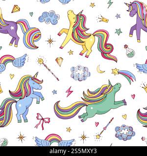 Vector cute hand drawn magic unicorns and stars pattern or background illustration. Unicorn and magic pony with horn. Vector cute hand drawn magic unicorns and stars pattern or background illustration Stock Vector