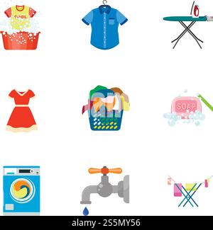 Washing equipment icon set. Flat set of 9 washing equipment vector icons for web design isolated on white background. Washing equipment icon set, flat style Stock Vector
