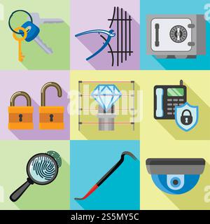 Museum security icon set. Flat set of 9 museum security vector icons for web design isolated on white background. Museum security icon set, flat style Stock Vector