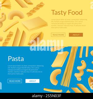 Vector realistic pasta types web banner and page poster templates illustration. Vector realistic pasta types web banner templates illustration Stock Vector