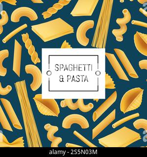 Vector realistic pasta types illustration with pattern background. Web banner or poster. Vector realistic pasta types illustration with pattern background Stock Vector
