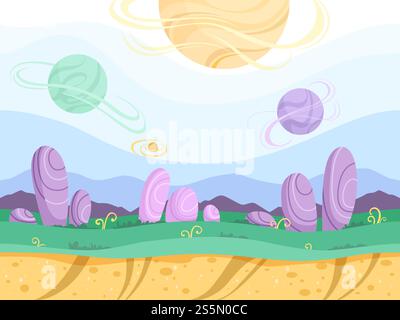 Alien seamless background. Moon surface strange futuristic fantasy planet ground explorer mountain 2d games vector cartoon picture. Illustration of landscape game surface level, gui for videogame. Alien seamless background. Moon surface strange futuristic fantasy planet ground explorer mountain 2d games vector cartoon picture Stock Vector