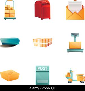 Postal city service icon set. Cartoon set of 9 postal city service vector icons for web design isolated on white background. Postal city service icon set, cartoon style Stock Vector