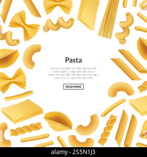 Vector realistic pasta types background banner illustration with place fotr text. Vector realistic pasta types background banner illustration Stock Vector