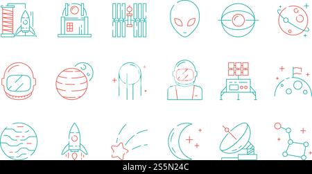 Space colored icon. Astronomy collection universe discovery astronaut alien shuttle rocket lunar radar vector futuristic symbols. Outline astronaut and alien, launch station illustration. Space colored icon. Astronomy collection universe discovery astronaut alien shuttle rocket lunar radar vector futuristic symbols Stock Vector