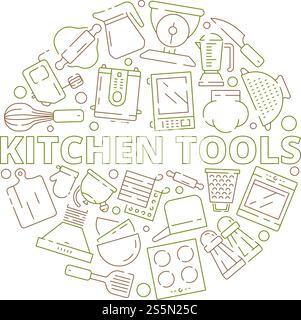 Kitchen tools icons. Food prepare cooking items spoon fork knife in circle shape vector thin line symbols. Illustration of kitchenware utensil, accessory of dishware and equipment. Kitchen tools icons. Food prepare cooking items spoon fork knife in circle shape vector thin line symbols Stock Vector