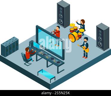 Recording studio. Sound music production instruments dj equipment vector isometric pictures. Illustration of studio isometric, music sound record. Recording studio. Sound music production instruments dj equipment vector isometric pictures Stock Vector