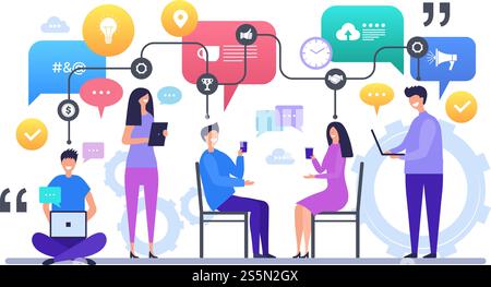 Communication people. Talking chatting global social network discussion vector characters concept scene. Illustration of communication global, communicating process. Communication people. Talking chatting global social network discussion vector characters concept scene Stock Vector