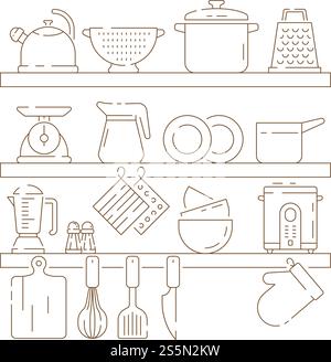 Kitchen shelves. Cooking items pots spoon fork knife pans vector thin linear composition. Illustration of cooking pot and equipment kitchenware. Kitchen shelves. Cooking items pots spoon fork knife pans vector thin linear composition Stock Vector