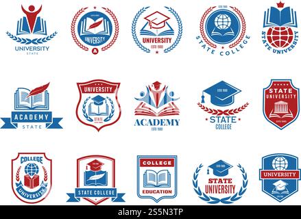 College emblem. School or university badges and labels vector logotype collection. School emblem, college badge and university label with shield illustration. College emblem. School or university badges and labels vector logotype collection Stock Vector