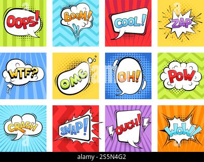 Comic sounds. Cartoon explode stripped burst frames and speech bubbles with words boom vector retro template. Illustration of bubble speech expression. Comic sounds. Cartoon explode stripped burst frames and speech bubbles with words boom vector retro template Stock Vector