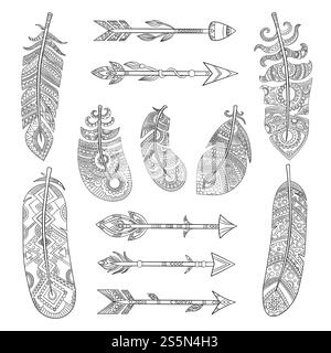 Tribal feathers and arrows. Aztec indian fashion elements with traditional pattern vector pictures collection. Illustration of arrow and traditional freehand feather. Tribal feathers and arrows. Aztec indian fashion elements with traditional pattern vector pictures collection Stock Vector