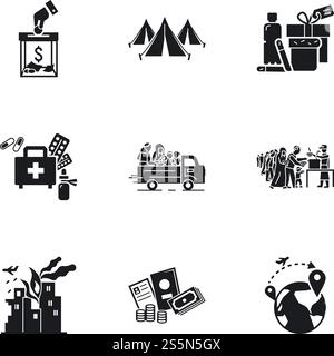 Refugees help icon set. Simple set of 9 refugees help vector icons for web design isolated on white background. Refugees help icon set, simple style Stock Vector