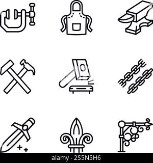 Steel blacksmith object icon set. Outline set of 9 steel blacksmith object vector icons for web design isolated on white background. Steel blacksmith object icon set, outline style Stock Vector