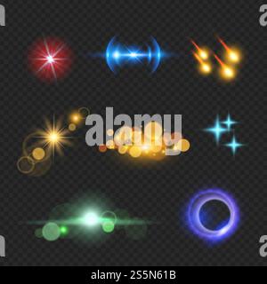 Shining lens flare effects. Solar light bokeh realistic vector template. Realistic glowing, flare lens bokeh, explosion sparkle, glitter and dazzle, bursting illuminated illustration. Shining lens flare effects. Solar light bokeh realistic vector template Stock Vector