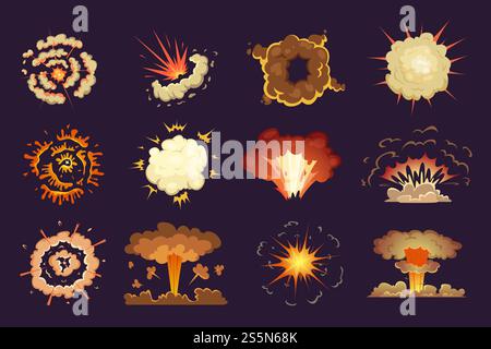 Bomb explosion. Motion abstract blast fire and clouds exploded vector cartoon collection. Set of explosion illustration effect. Bomb explosion. Motion abstract blast fire and clouds exploded vector cartoon collection Stock Vector