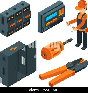 Electrical systems isometric. Electrician worker with industrial power tools for repair and setup unit vector 3d. Isometric worker electrician, repairman technician, maintenance system illustration. Electrical systems isometric. Electrician worker with industrial power tools for repair and setup unit vector 3d picture Stock Vector