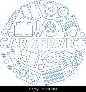 Car service background. Mechanical automobile parts in circle shape starter engine gear garage vector thin symbols Illustration of automobile service badge with icons tools and spare part. Car service background. Mechanical automobile parts in circle shape starter engine gear garage vector thin symbols Stock Vector