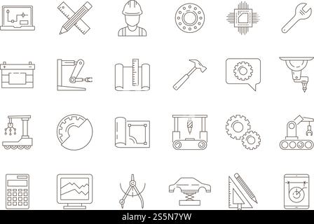 Engineering symbols. Manufacturing civil chip mechanical electrical tools vector thin line icon collection. Illustration of mechanical tool and engineering manufacturing. Engineering symbols. Manufacturing civil chip mechanical electrical tools vector thin line icon collection Stock Vector