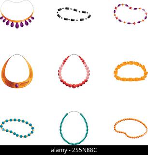 Colorful necklace icon set. Cartoon set of 9 colorful necklace vector icons for web design isolated on white background. Colorful necklace icon set, cartoon style Stock Vector