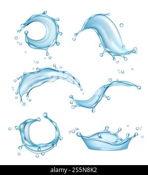 Water splashes. Liquid drops transparent nature watering vector realistic template. Illustration of splash and clear liquid, transparent water. Water splashes. Liquid drops transparent nature watering vector realistic template Stock Vector