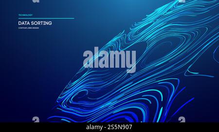 Dynamic digital contour lines flowing across a blue background for technology representation Stock Vector