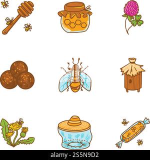 Bee honey icon set. Hand drawn set of 9 bee honey vector icons for web design isolated on white background. Bee honey icon set, hand drawn style Stock Vector