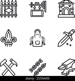 Blacksmith collection icon set. Outline set of 9 blacksmith collection vector icons for web design isolated on white background. Blacksmith collection icon set, outline style Stock Vector