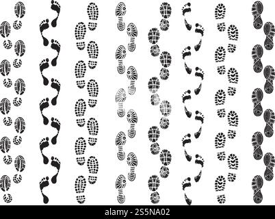 Footprints shapes. Movement direction of human shoes boots walking footprints vector silhouettes. Footprint and imprint trail, footwear human walking illustration. Footprints shapes. Movement direction of human shoes boots walking footprints vector silhouettes Stock Vector