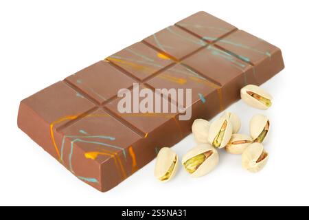 Dubai chocolate bar and pistachios isolated on white Stock Photo