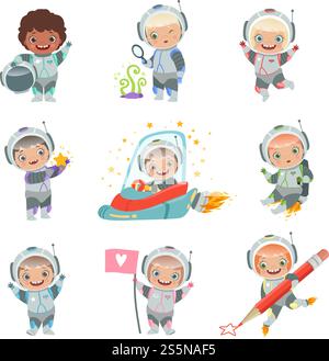 Childrens in space. Kids astronauts funny vector characters in rocket cosmonaut. Rocket and astronaut kids, cosmonaut and spaceship illustration. Childrens in space. Kids astronauts funny vector characters in rocket cosmonaut Stock Vector