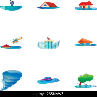 Global cataclysm icon set. Cartoon set of 9 global cataclysm vector icons for web design isolated on white background. Global cataclysm icon set, cartoon style Stock Vector