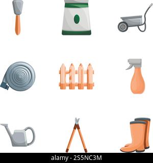 House garden tools icon set. Cartoon set of 9 house garden tools vector icons for web design isolated on white background. House garden tools icon set, cartoon style Stock Vector