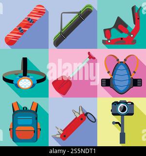 Extreme snowboarding icon set. Flat set of 9 extreme snowboarding vector icons for web design isolated on white background. Extreme snowboarding icon set, flat style Stock Vector