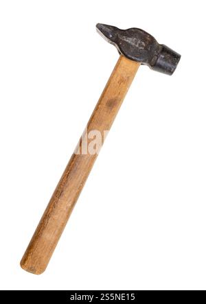 used cross peen hammer with wooden handle isolated on white background Stock Photo
