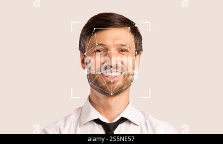 Facial recognition technology demonstrating identification on a smiling man Stock Photo
