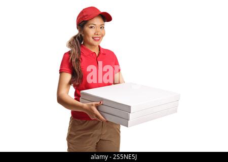Delivery woman holding pizza boxes isolated on white background Stock Photo