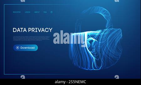 Abstract glowing lock with flowing blue contour lines symbolizing secure data protection and data privacy. Stock Vector