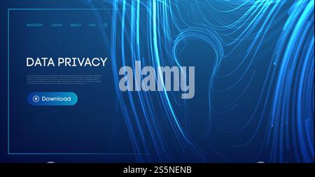 Futuristic visualization of data privacy with glowing blue contour lock on a digital background. Stock Vector