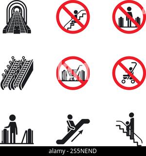 Escalator mall icon set. Simple set of 9 escalator mall vector icons for web design isolated on white background. Escalator mall icon set, simple style Stock Vector