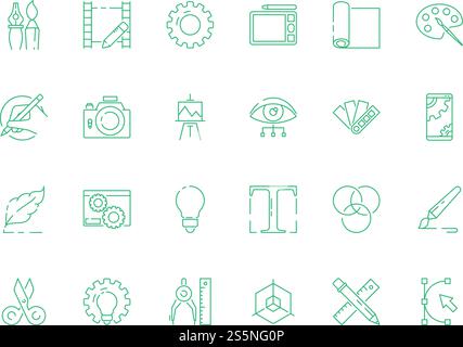 Design tools icon. Artwork web design typography creative art instruments for artists and designers vector thin symbols. Tool drawing instrument, pen and pencil illustration. Design tools icon. Artwork web design typography creative art instruments for artists and designers vector thin symbols Stock Vector