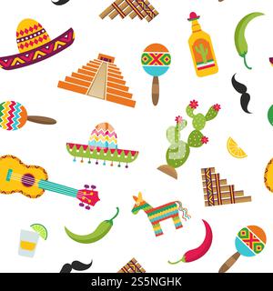 Vector flat Mexico attributes pattern or background illustration. Illustration of maracas and drink tasty, hot pepper chili and pyramid. Vector flat Mexico attributes pattern or background illustration Stock Vector