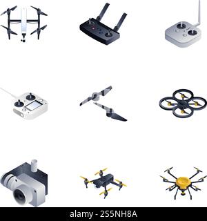Drone equipment icon set. Isometric set of 9 drone equipment vector icons for web design isolated on white background. Drone equipment icon set, isometric style Stock Vector
