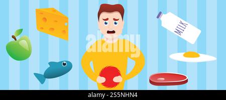 Stomach ache allergy concept banner. Cartoon illustration of stomach ache allergy vector concept banner for web design. Stomach ache allergy concept banner, cartoon style Stock Vector