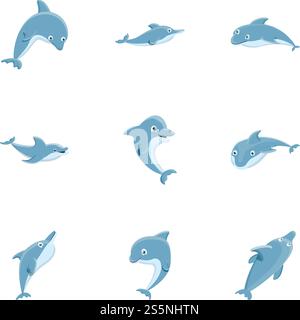 Dolphin mammal icon set. Cartoon set of 9 dolphin mammal vector icons for web design isolated on white background. Dolphin mammal icon set, cartoon style Stock Vector